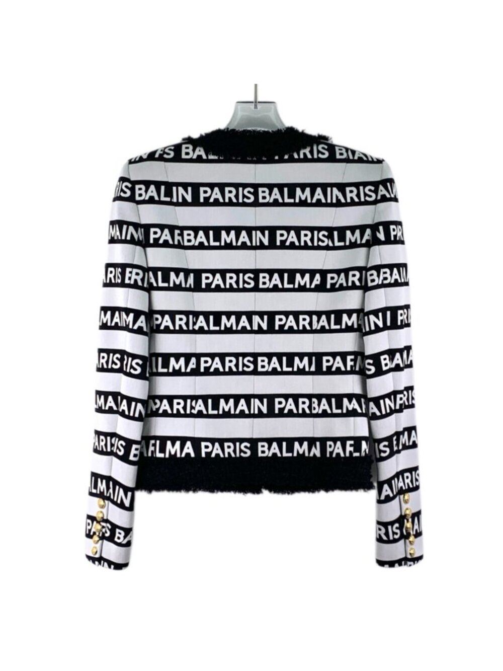 Balmain White Striped Logo Print Double-Breasted Cotton Jacket - Picture 2 of 7